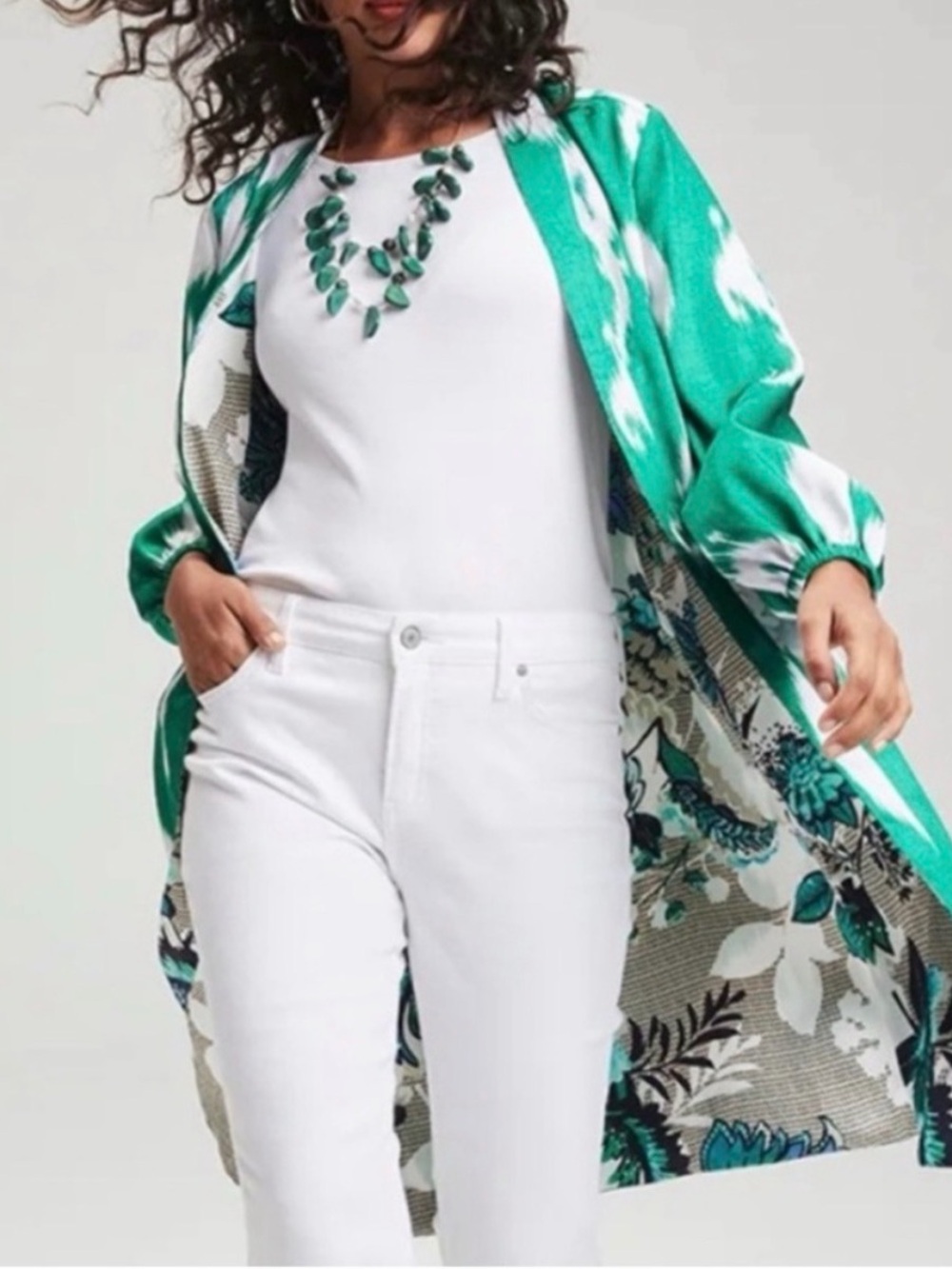Chico's Reversible Duster Jacket Tropic Emerald Ikat Floral Satin Size 3 16 NWT - Picture 4 of 16
